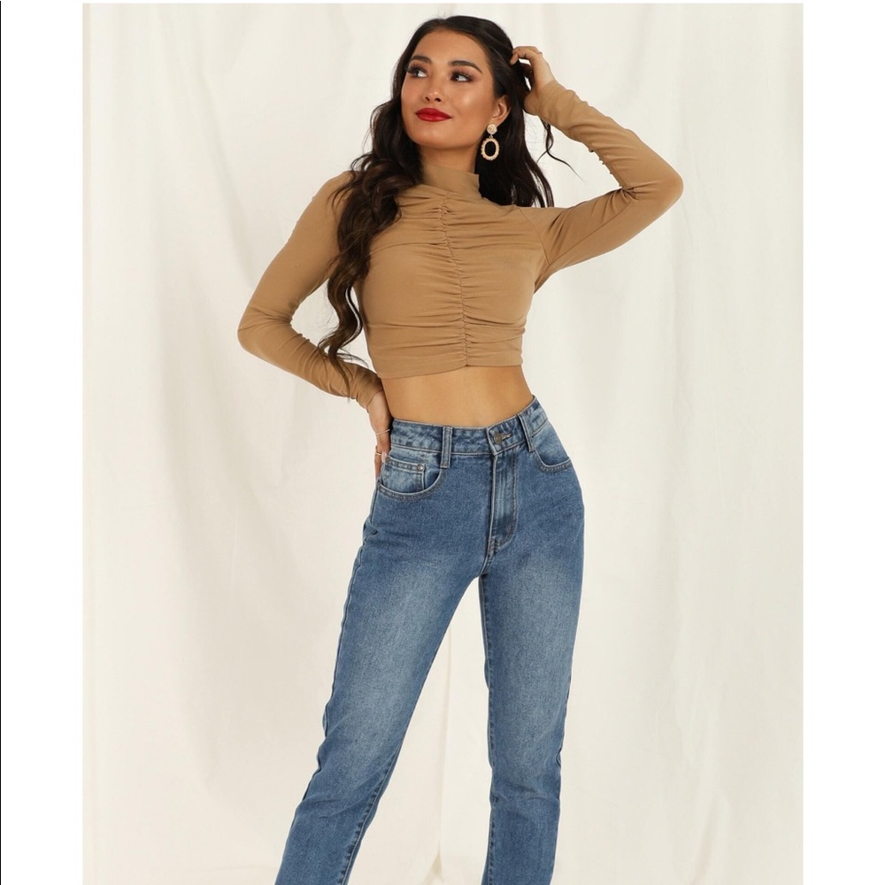 What went wrong cropped long sleeve in tan